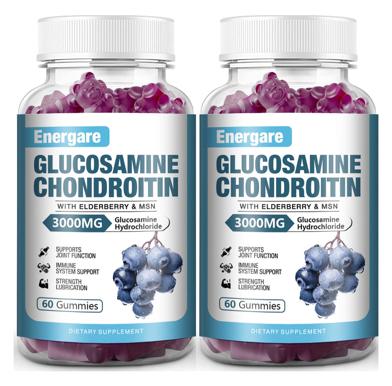 [Australia] - 2 Pack 3000mg Glucosamine Chondroitin with MSM Gummies & Elderberry, Extra Strength Joint Support Health, Flexibility, Antioxidant, Immune Supplement Gummy for Adults, Men & Women 120 Counts 60 Count (Pack of 2) 