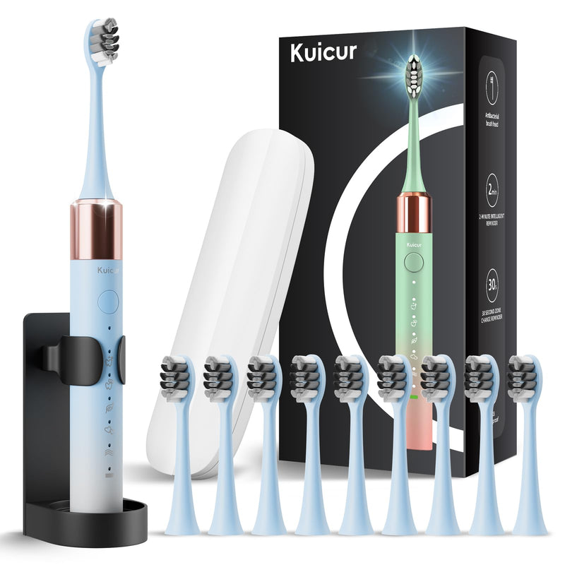 [Australia] - Sonic Electric Toothbrush for Adults and Kids, Comes with 10 Brush Heads & Travel Case, 5 Modes with 2 Minutes Built in Smart Timer, One Charge for 90 Days, 42,000 VPM Motor (Blue and White) Blue-white 