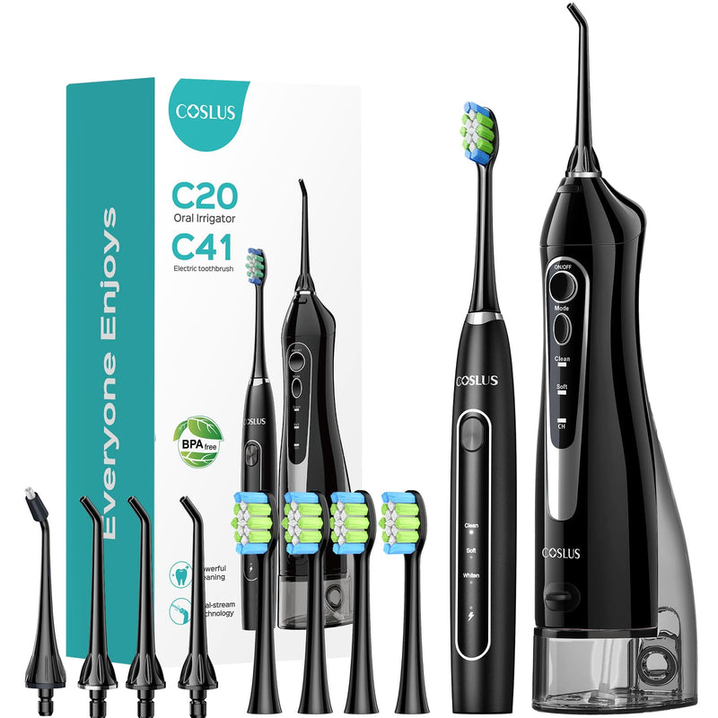 [Australia] - COSLUS Portable Water Flosser with Electric Toothbrush Combo: 2-in-1 Oral Clean Kit for Teeth, Braces, Gums Care - Brushing & Flossing for Adults, Family, Travel Use, BPA-Free, Black, C20 & C41 