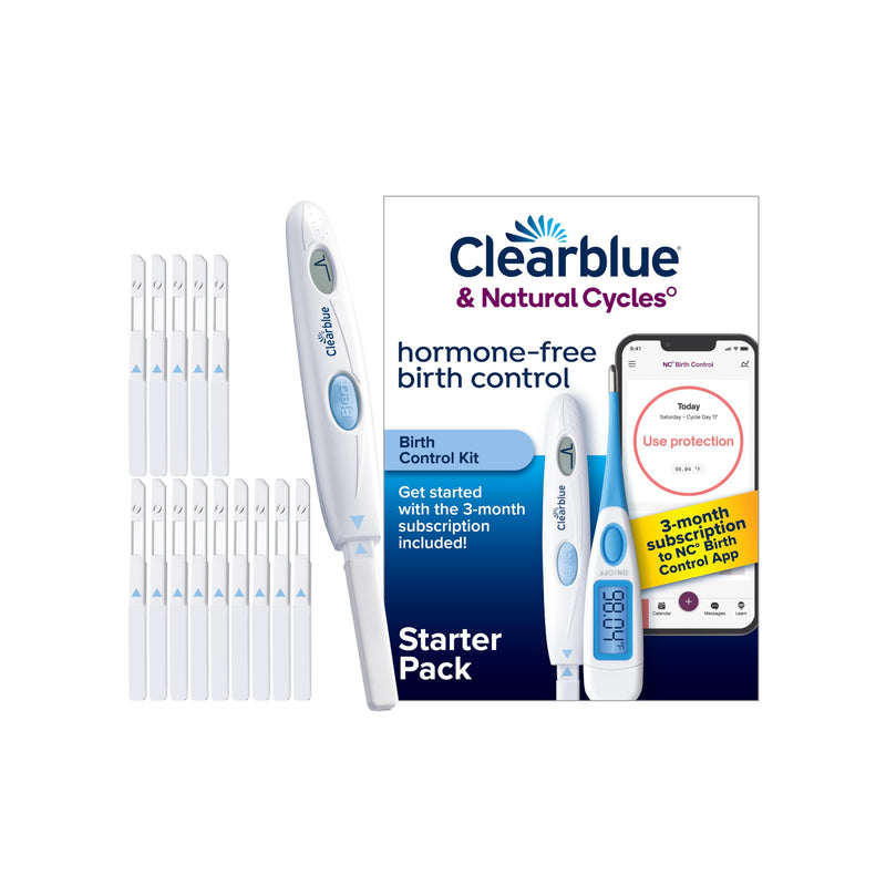 Clearblue & Natural Cycles Hormone-Free Birth Control Kit Starter Pack, 3 Month Subscription to The Natural Cycles app, 15 Digital Ovulation Tests, 1 Digital Basal Thermometer