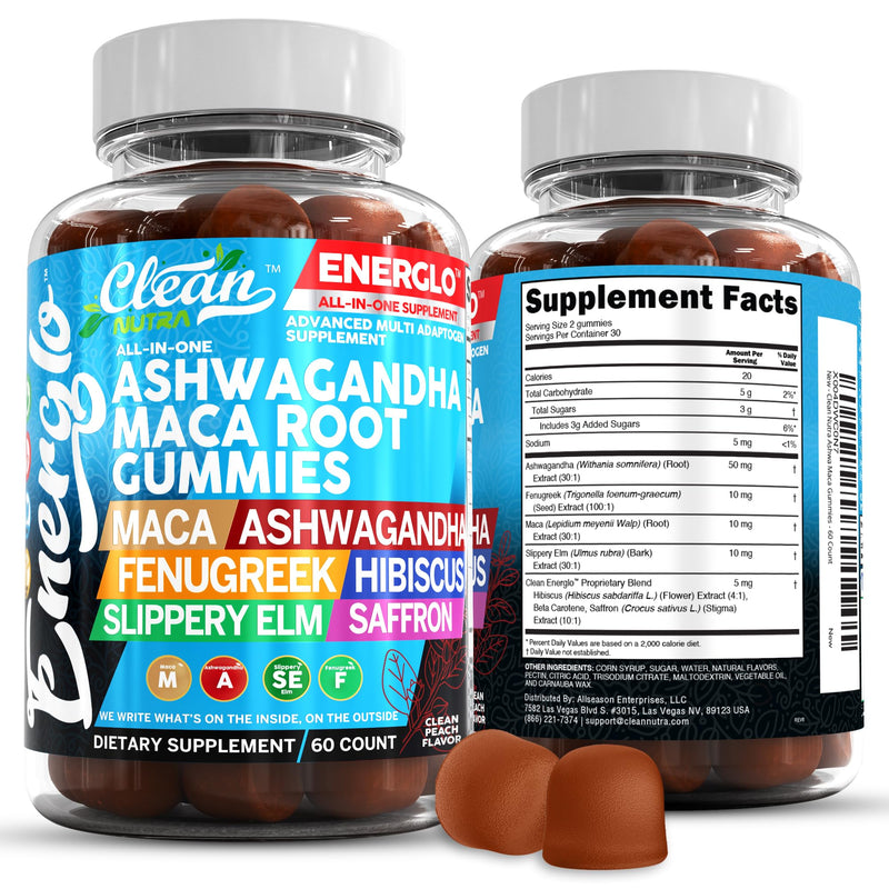 Ashwagandha Maca Root Gummies with Fenugreek Hibiscus Slippery Elm Saffron Extract & Beta Carotene | Peach Flavor Vegan Gummy Vitamins Adaptogen Cortisol Supplement Energlo By Clean Nutra 1