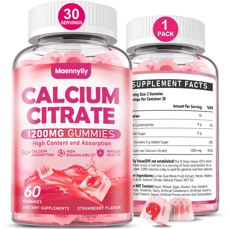Calcium Citrate Gummies 1200 mg for Adults - Ultimate Absorption Calcium | Easy to Digest, Vegan, Non-GMO, Gluten Free - Calcium Supplement for Women & Men - Natural Strawberry Flavor, 60 Gummies 60 Count (Pack of 1)