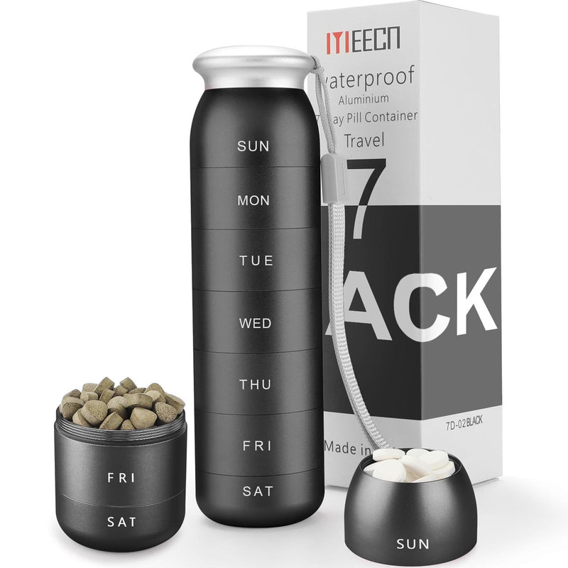 Metal Weekly Pill Organizer, Waterproof Container (Black) | Portable Travel 7 Day，Large Pill Case, Aluminum, Metal, Hold Vitamins, Cod Liver Oil, Supplements and Medications Black