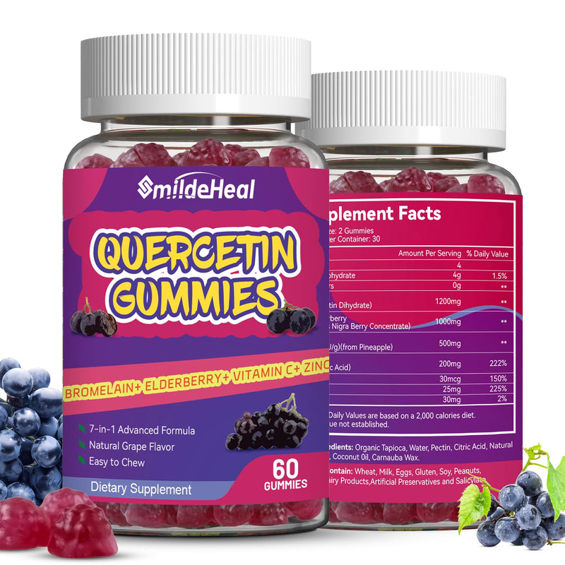 [Australia] - 2 Pack Quercetin Gummies 1200MG, Quercetin Gummies with Bromelain, Zinc Vitamin C, Immune System Vegan Gummy for Adult & Kid, 120 Vegan 60 Count (Pack of 2) 
