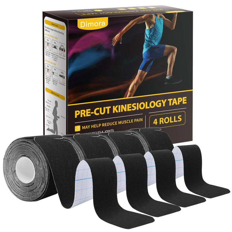 [Australia] - Dimora Kinesiology Tape, 80 Count Precut Strips 4 Rolls, Original Cotton, 10” Elastic Athletic Tape for Muscle Pain Relief and Joint Support, Black 
