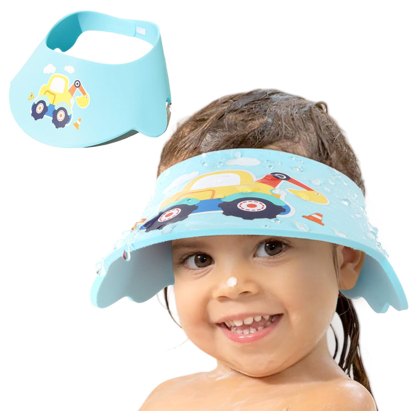 [Australia] - LADES Baby Shower Caps Shield - Adjustable Kids Bath Visor Hat Shampoo Washing Hair Protection Soft Cartoon for Toddler Blue Excavator 