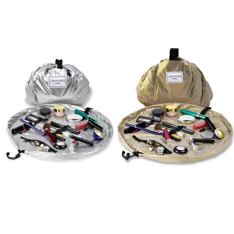 Lay-n-Go Cosmo Drawstring Cosmetic Pouch & Makeup Bag Organizer - Metallic Bundle - Toiletry Bag for Travel, Gifts, and Daily Use, 20 inch, Metallic Silver & Gold