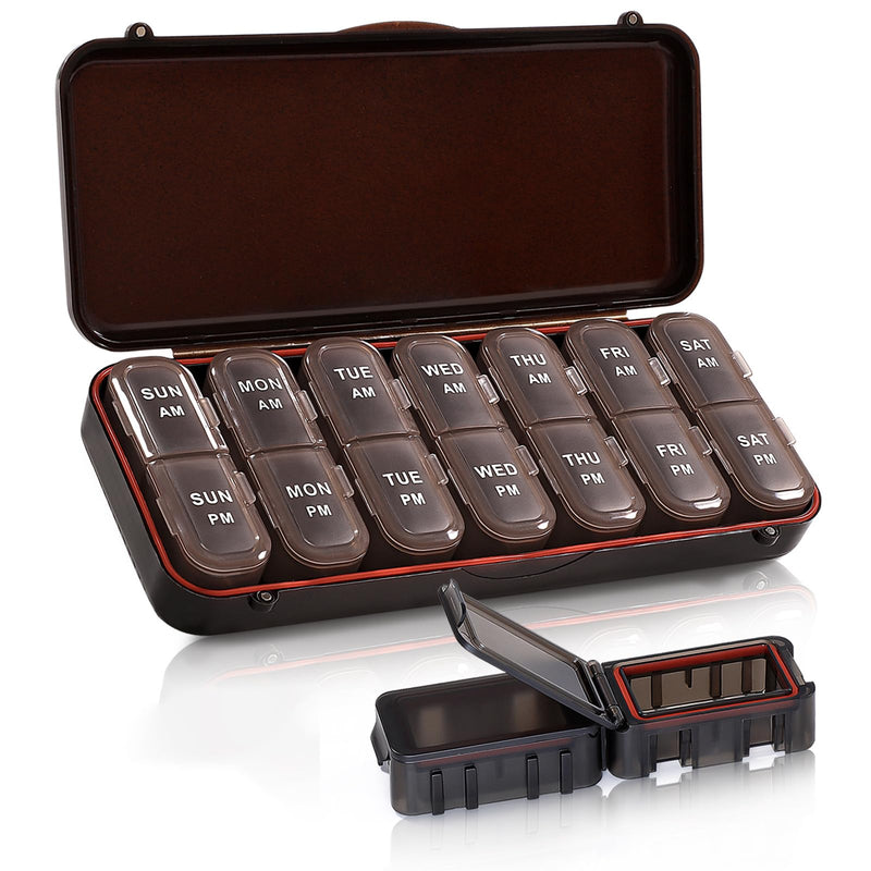 Pill Organizer 2 Times a Day, Weekly Travel Case for Vitamins, Fish Oils + 2 Detachable Cute Boxes (Brown) Brown