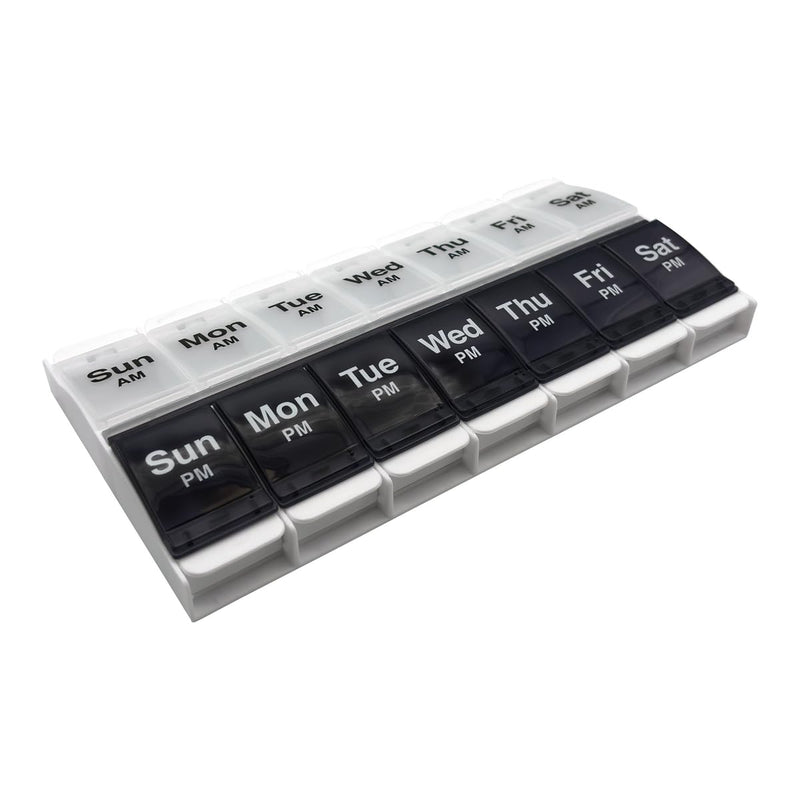 Ezy Dose Weekly (7-Day) AM/PM Pill Organizer, X-Large Case, Black/White | Daily Vitamin Box & Supplement Planner, 2 Times a Day Push Button Compartments, Arthritis-Friendly, Travel-Friendly, BPA-Free Blue/White