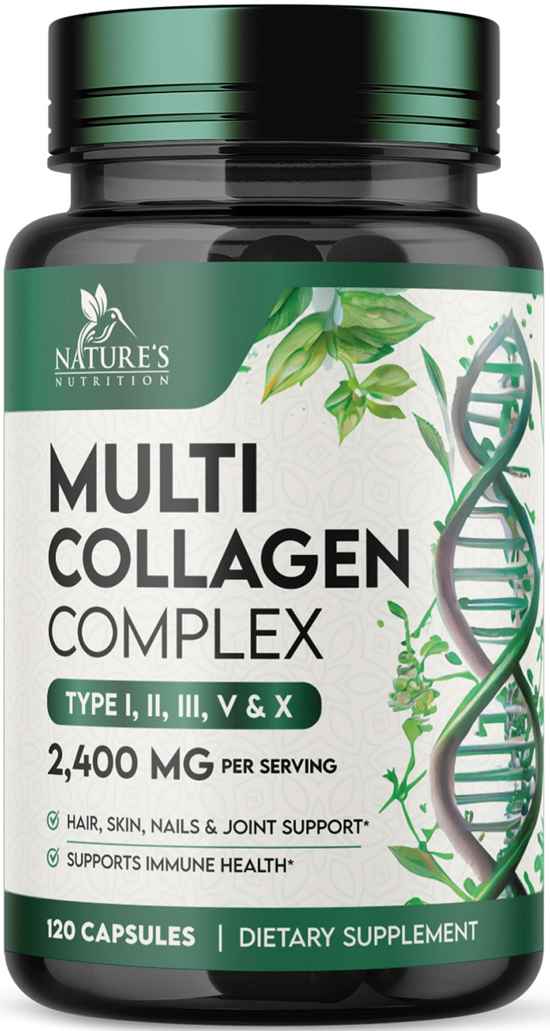 Multi Collagen Pills - Hydrolyzed Collagen Peptides Capsules for Women & Men - Types I, II, III, V, X Multi Collagen Complex - Hair, Skin & Nails Support Supplement - Bottled in the USA - 120 Capsules 120 Count (Pack of 1)