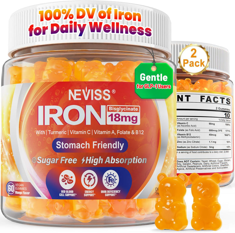 Iron Gummies for Women with Vitamin C & Turmeric, Sugar-Free, 2 Pack | Iron Bisglycinate Supplement, GLP-1 Support, for Energy & Immune Health, No Aftertaste, Non-Constipating 60 Count (Pack of 2)