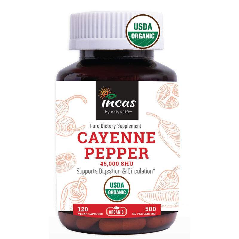 [Australia] - INCAS 100% USDA Organic Cayenne Pepper 120 Capsules (500mg) 45,000 SHU Traditional Digestion & Circulation Support Pure, No Additives & Fillers | 120 Servings 