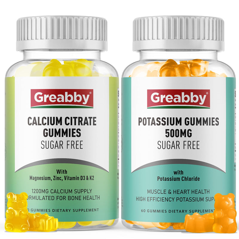 Potassium Gummies & Calcium Citrate Gummies, Sugar-Free, Potassium Chloride 500 mg, Calcium Citrate 1200 mg, Bone & Muscle Health