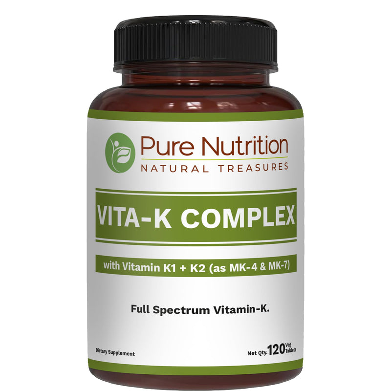 [Australia] - Pure Nutrition Vitamin K Complex K1 + K2 | 2250 mcg | 120 Tab | Full Spectrum K Vitamin Supplement with K1 1000mcg, K2 as MK4 1000mcg + K2 as MK7 250 mcg | Non GMO | Gluten Free 