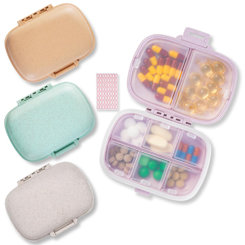 4 Pack Pill Organizer - Travel Pill Box with Label, Daily Pill Case | 8 Compartment Medicine Case for Pocket Purse Waterproof Portable Pill Supplement Case, Travel Pill Container to Hold Vitamin 4 Pcs 8-Compartment Purple Green Orange Beige