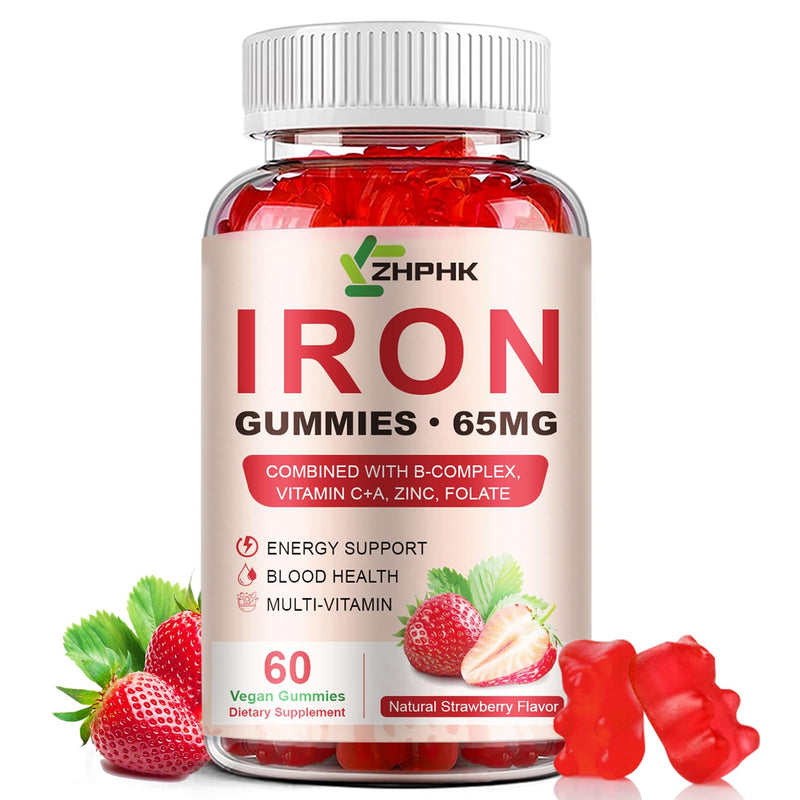 [Australia] - Iron Supplement Gummies, 65mg Iron and 250mg Vitamin C for Women Men Kids, Natural Vegan Iron Gummy with Vitamin A, B-Complex, Biotin, Zinc & Folate Energy Support & Immune Health, 60 Gummies Strawberry 60 Count (Pack of 1) 