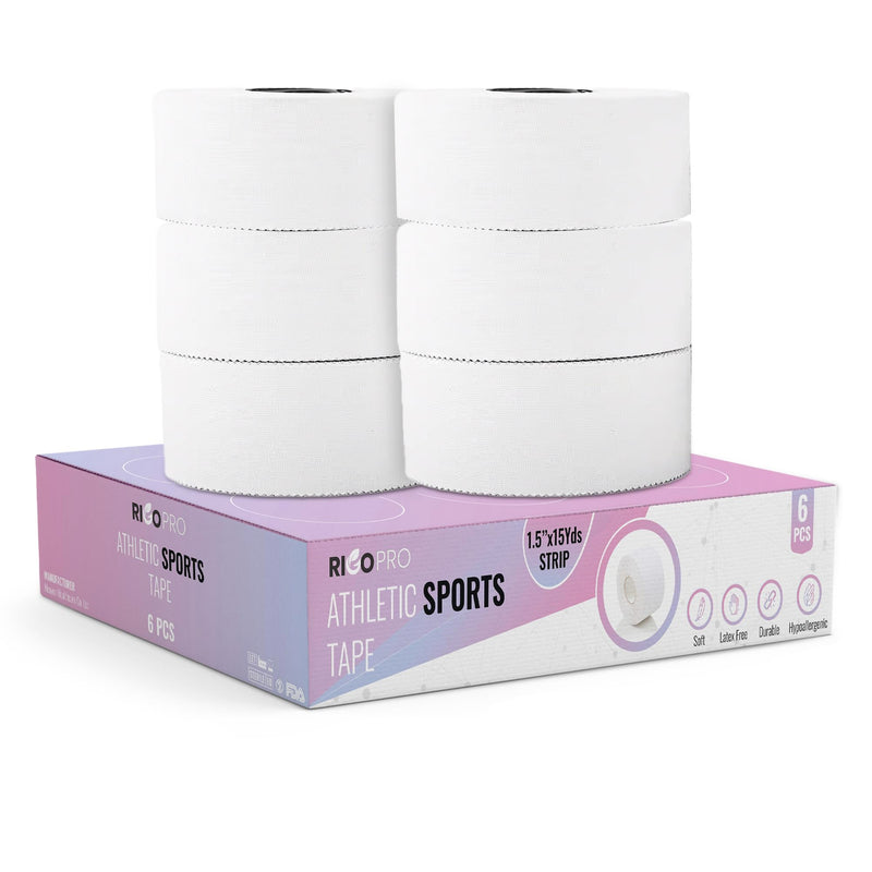 6 Pack White Athletic Tape 1.5 Inches x 15 Yards - 270 ft - Easy Tear, Rigid, No Residue. Sports Medicine - Athletes, Medical, Therapy, Athletic Trainers: Ankles Wrists Fingers, Zinc Oxide Adhesive