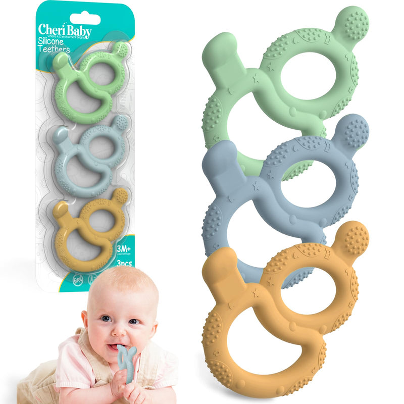 [Australia] - 3 Pack Baby Teething Toys for Babies 3-6 Months, Silicone Teething Ring Toys for Babies 6-12 Months, BPA Free Soft and Dual Textured Nipple Teether Relief Soothing Sore Gums Chew Infant Sensory Toys 