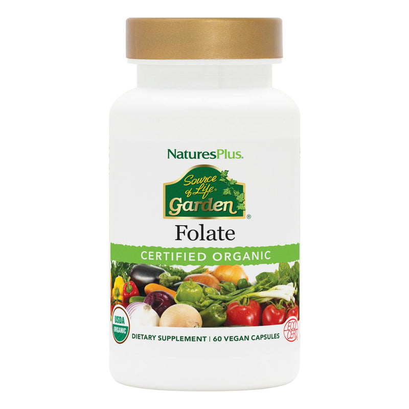 NaturesPlus Source of Life Garden Folate - 60 Capsules - Promotes Prenatal Health & Fetal Development - Immune & Muscle Support - Non-GMO, USDA Certified Organic, Vegan, Gluten Free - 60 Servings