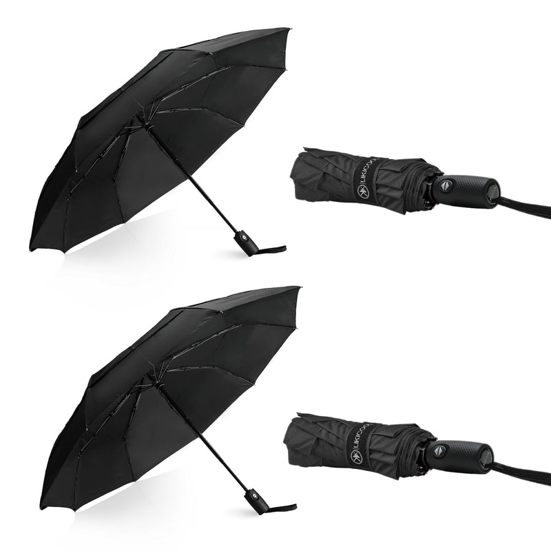 Windproof Compact Travel Umbrellas for Rain – Easy Auto Open Close, Automatic Durable Waterproof – Backpack, Portable, Lightweight Umbrellas for Travel 2xBlack