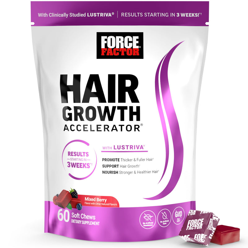 Force Factor Hair Growth Accelerator Soft Chews with Lustriva | Hair Growth Vitamins for Women & Men with Clinically Studied Lustriva & Biotin for Thicker, Fuller Hair, 60 Soft Chews 60 Count (Pack of 1)