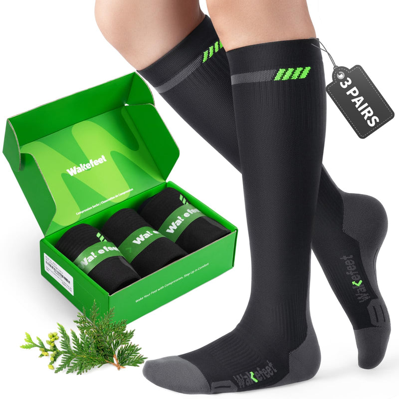 [Australia] - Medical Compression Socks Men Women 3 Pairs, Compression Stockings 20-30mmHg for Relieving, Recovery L-XL Black Grey+Woody 