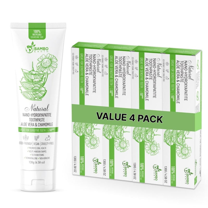 [Australia] - Natural Fluoride Free Toothpaste - Nano Hydroxyapatite, Remineralizing, Sensitive Teeth, Whitening & Zero Waste Tube - Dentist Recommended for Adult & Kids Oral Aloe Vera & Chamomile (4 Pack, Aloe) 4 Pack, Aloe 