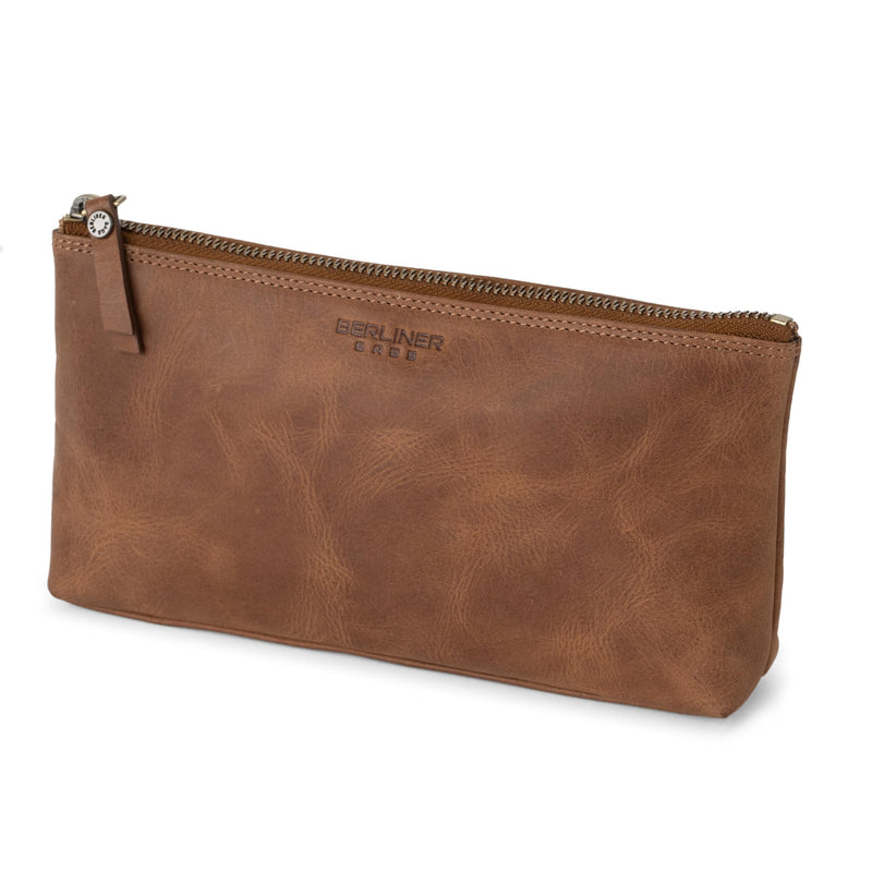 BERLINER BAGS Vintage Genuine Leather Makeup Bag For Women Anna S- Brown | Soft Leather Makeup Bag For Purse, Travel Cosmetics Pouch, YKK Metal Zipper, Slip-in Pocket Camel