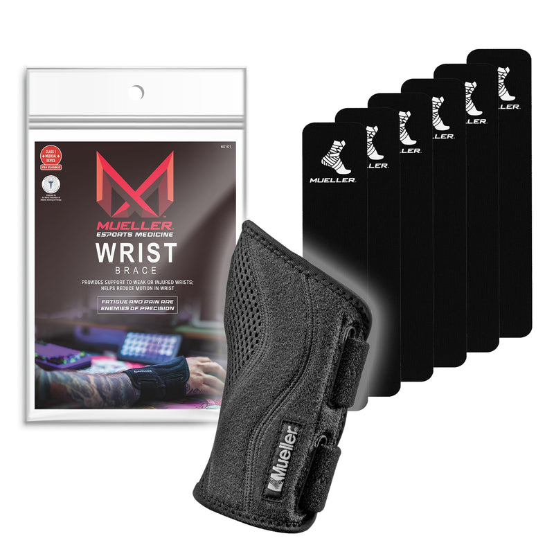 [Australia] - MUELLER Esports Medicine Fitted Wrist Brace for Men and Women, Wrist Pain Relief Support, 6 KTape Strips Included, Ideal for Gamer's Carpal Tunnel, Tendonitis, Arthritis, Right Hand, Black, One Size Esports Right-Hand Fitted Wrist Brace 