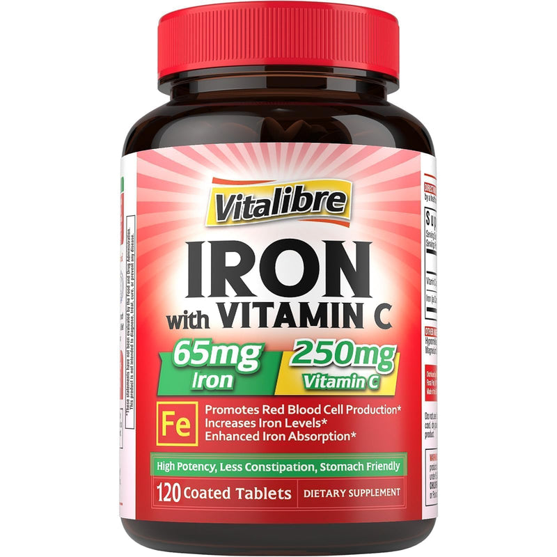 Iron Supplement, 65mg Carbonyl Iron with 250mg Vitamin C, 120 Vegan Tabs | Stomach Friendly Iron Pills, No Constipation, Non-GMO, No Gluten, 120 Count (Pack of 1)