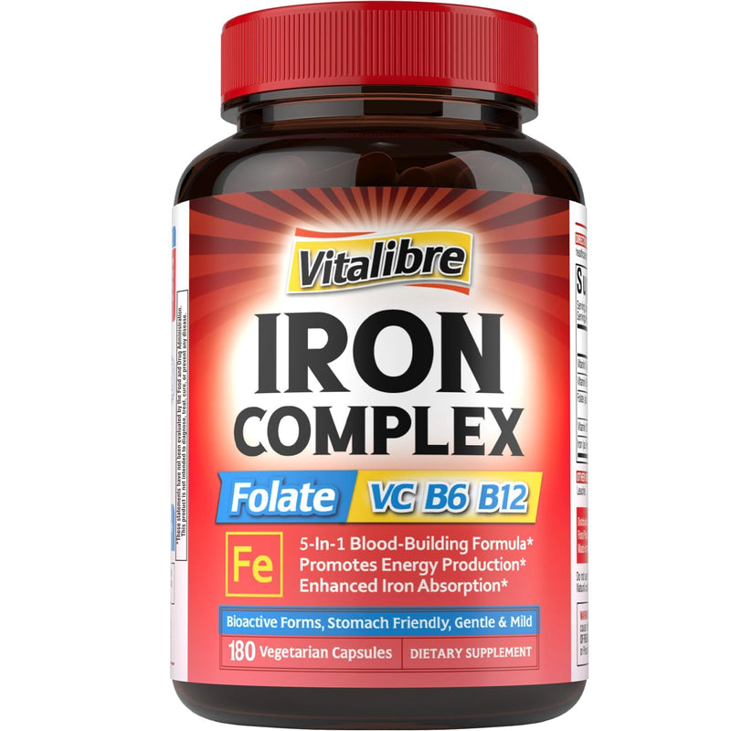 Iron Supplement for Women & Men, with Vitamins C, B6, B12 & Folate | for Iron Deficiency, Blood Building & Energy Support, Stomach Friendly, Better Absorption, Non-GMO, No Gluten, 180 Vegan Caps 180 Count (Pack of 1)