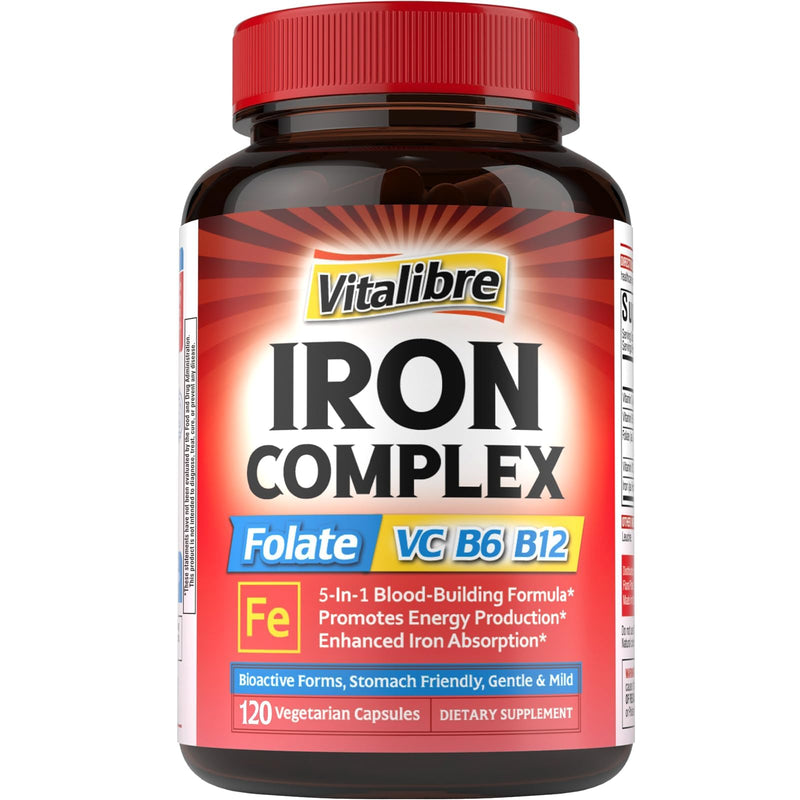 Iron Supplement for Women & Men, with Vitamins C, B6, B12 & Folate | for Iron Deficiency, Blood Building & Energy Support, Stomach Friendly, Better Absorption, Non-GMO,No Gluten,120 Vegan Caps 120 Count (Pack of 1)