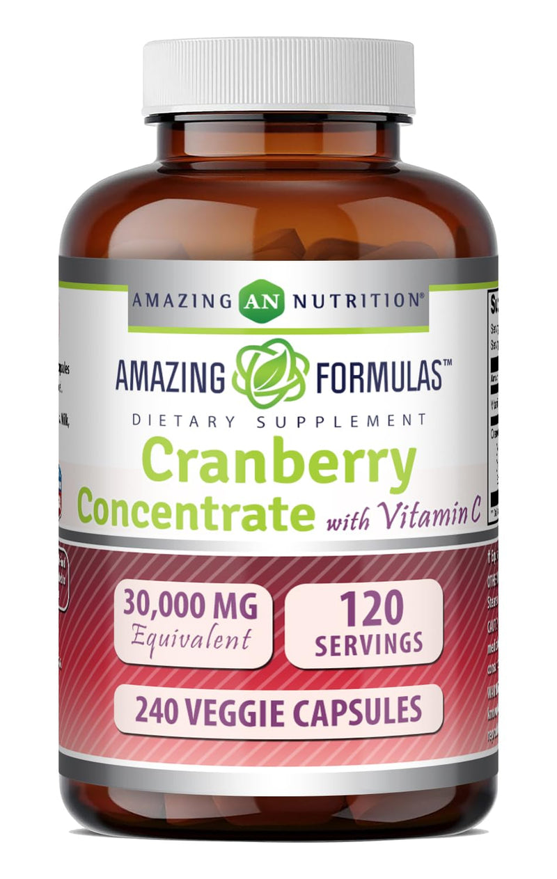 Amazing Formulas Cranberry 600 Mg 50:1 Concentrate with Vitamin C Supplement | Veggie Capsules | Super Strength | Non-GMO | Gluten Free | Made in USA (1 Pack, 240 Count) 240 Count (Pack of 1)