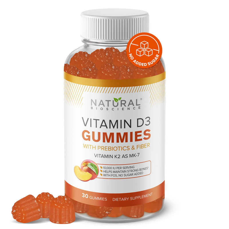 Vitamin D3 10000 IU & Vitamin K2 Gummies - Extra Strength, Sugar-Free, High Absorption - Bone, Joint, Immune, Heart, Brain & Mood Support - Non-GMO, Gluten-Free, Fiber-Based with Prebiotics, 30 Count 30 Count (Pack of 1)