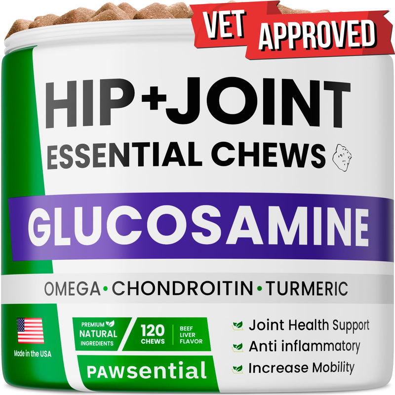 Glucosamine for Dogs - Joints Health Treats w/Omega Fish Oil - Natural Joint Pain Relief - Canine Hip and Joint Supplement w/Chondroitin + MSM + Turmeric + Calcium - 120 Beef Chews 120 Glucosamine Treats - PawsPlanet Australia
