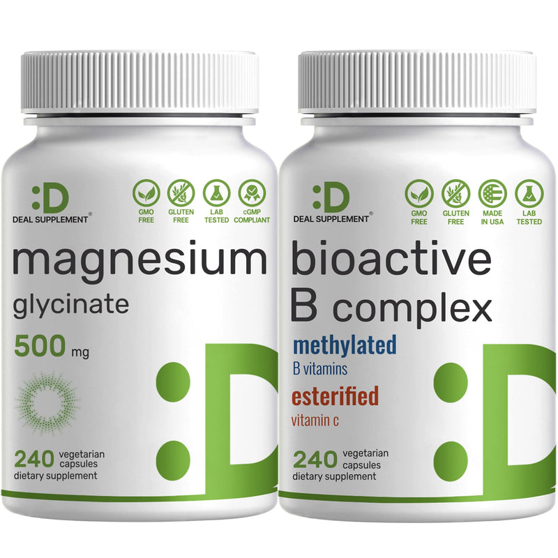 Magnesium Glycinate 500mg Veggie Capsules & Bioactive Vitamin B Complex Bundle Pack – Easily Absorbed Chelated Mineral – Immune, Energy, & Metabolism Supplement