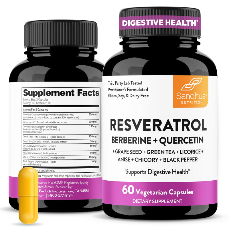 [Australia] - Sandhu's Resveratrol with Berberine for Gut Health | Digestive Supplement for Women & Men | Green Tea, Star Anise, DGL, Grape Seed Extract & Quercetin | Eases Bloating | 60 Capsules (Pack of 1) 60 Count (Pack of 1) 