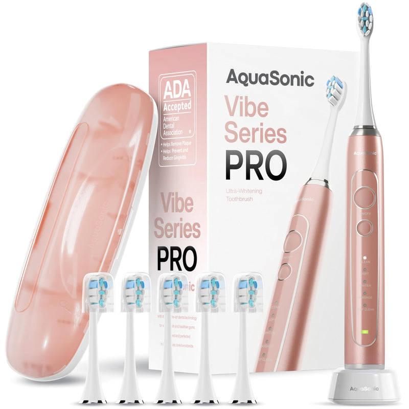 Aquasonic Vibe Series PRO – Ultra-Whitening Electric Toothbrush – 5 Modes & Smart Timers – Premium Travel Case & 6 Proflex Brush Heads – ADA Accepted Toothbrush (Rose Gold) Rose Gold