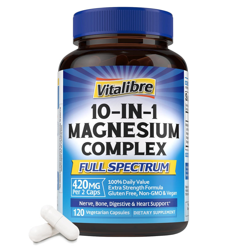 [Australia] - 10 in 1 Magnesium Complex, 420mg Elemental Magnesium | Ultra Strength, Max Absorption | Chelated Magnesium Supplement for Sleep, Nerves & Heart Health | Non-GMO, 120 Vegan Capsules 10 in 1 Magnesium Complex 120 Count (Pack of 1) 