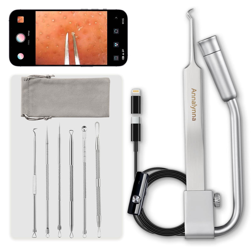 [Australia] - Luma 1 Visual Blackhead Remover Tweezers with Camera - Pimple Popper Tool with Camera 20x Magnification, 1080P, 8 LED Lights, with Blackhead Remover Pimple Popper Tool Kit (6 Piece Kit) Luma 1 Curved Single (Pearl Silver) 