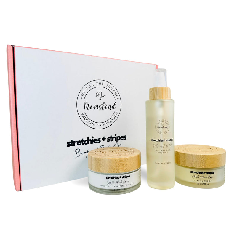 [Australia] - Stretchies and Stripes Bump and Body Stretch Mark Deluxe Gift Set | Body Oil, Stretch Mark Balm, Stretch Mark Cream | Pregnancy Safe | Gift for Mom 