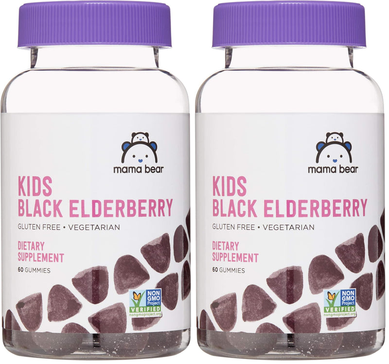 Amazon Brand - Mama Bear, Vegetarian Kids Black Elderberry Gummies 300 mg with Vitamins C, D, E and Zinc - Immune System Support - 60 Gummies (1 to 2 Month Supply), Non-GMO, Gluten Free (Pack of 2) 60 Count (Pack of 2)