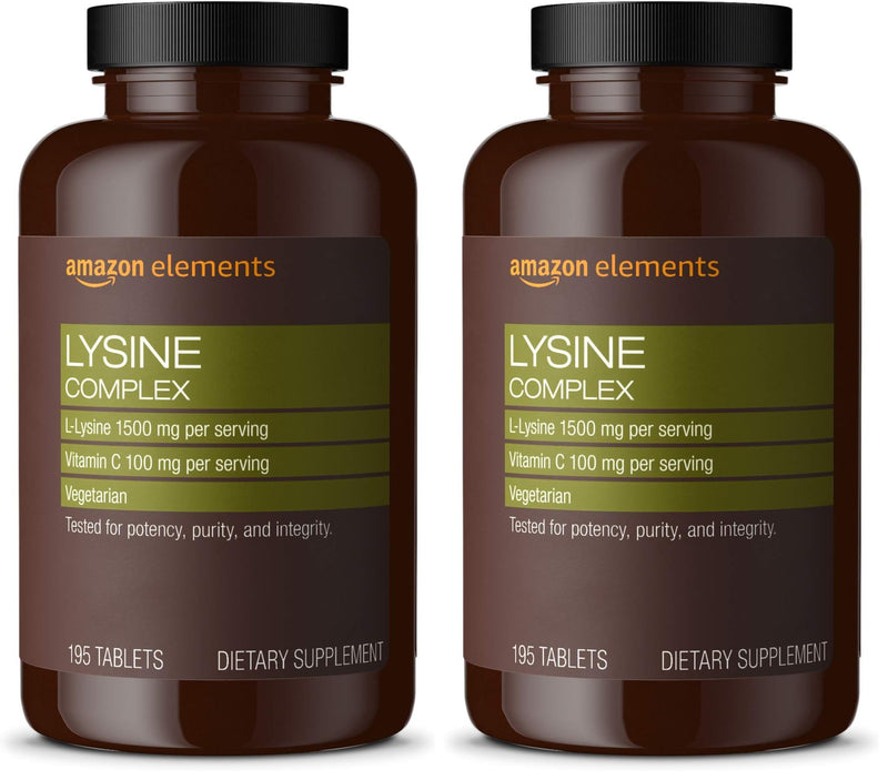 Amazon Elements Lysine Complex, with Vitamin C, Vegetarian, Immune Support, 195 Tablets (Packaging May Vary) (Pack of 2) Unflavored 195 Count (Pack of 2)