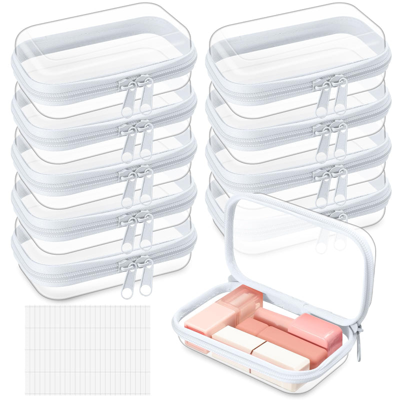 Sanwuta 10 Pcs Clear Hard Zipper Case with Labels,Xs,Clear | Hard Shell Plastic Pouches for Cosmetics Office Travel, Portable Organizer Bins for Makeup Pencils Toys Toiletry Puzzle Item Xs