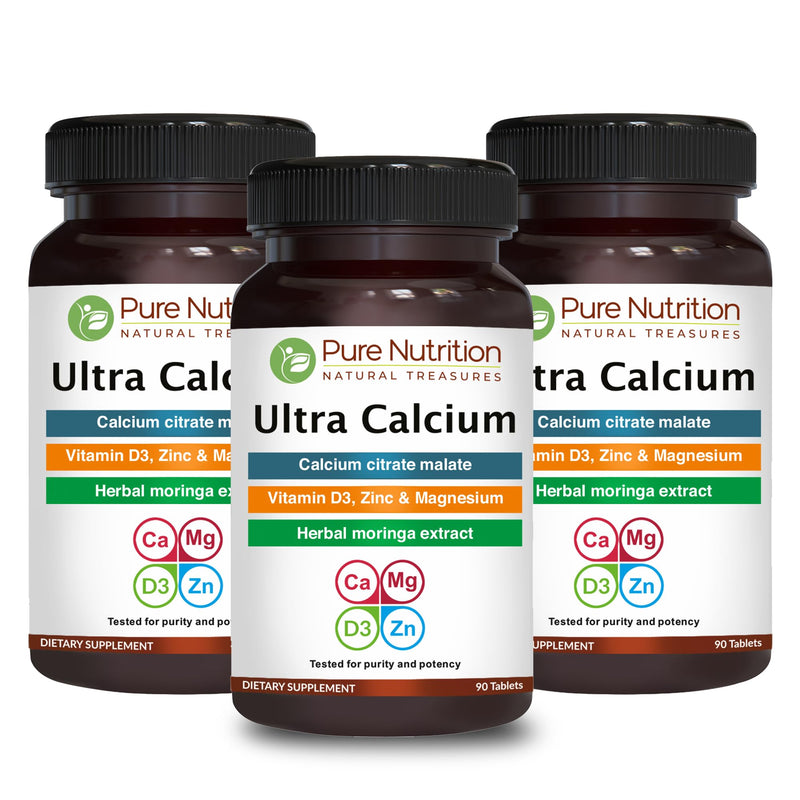 Pure Nutrition Ultra Calcium 1000mg with VIT D3 + K | 270 Tabs (90 X Pack of 3) | Calcium Supplement with Calcium Citrate Malate, VIT D3, K, Moringa Oleifera, Magnesium and Zinc. 90 Count (Pack of 3)