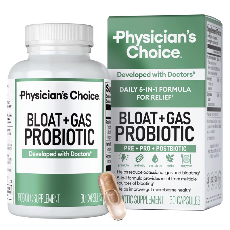 [Australia] - Physician's CHOICE Bloat & Gas Probiotic 5-in-1 Proactive Support + Daily Relief - Digestion & Gut Health- Herbals, Digestive Enzymes, Post & Prebiotics - Gas Relief for Adults - Women & Men - 30ct 30 Count (Pack of 1) 