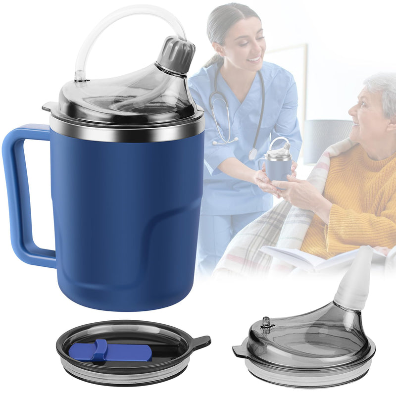[Australia] - Adult Sippy Cup, 14oz Spill Proof Cup with Straw for Elderly, 3 in 1 Stainless Steel Sippy Cup with 2 Lids, No Spill Feeding Cups for Patient Disabled Maternity Drink Water Milk Soup - Blue 
