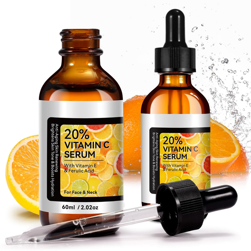 Vitamin C Serum,Anti Aging Facial Serum with Vitamin C,Reduce Dark Spots - Acne & Wrinkles, Brightening Serum, Even Skin Tone, Eye Area, Boost Skin Collagen,Hydrate & Plump Skin 60ml (2pcs) 2.02 Fl Oz (Pack of 2)