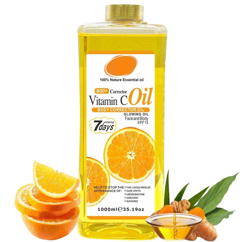 Vitamin C Body Oil, 1000ml Tumeric Body Oil, Retinol Vitamin C 7days, Vit C Body Corrector Oil for Uneven Skin Tone (1000ML VC) 1000ML VC