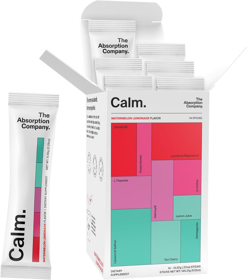The Absorption Company Calm Powder - Magnesium Drink Mix Packets - 14PK | Vitamin-D,Cortisol Regulation for Men & Women, Mood Support with Ashwagandha & L-Theanine for Relaxation, Watermelon Lemonade 1 Ounce (Pack of 14)